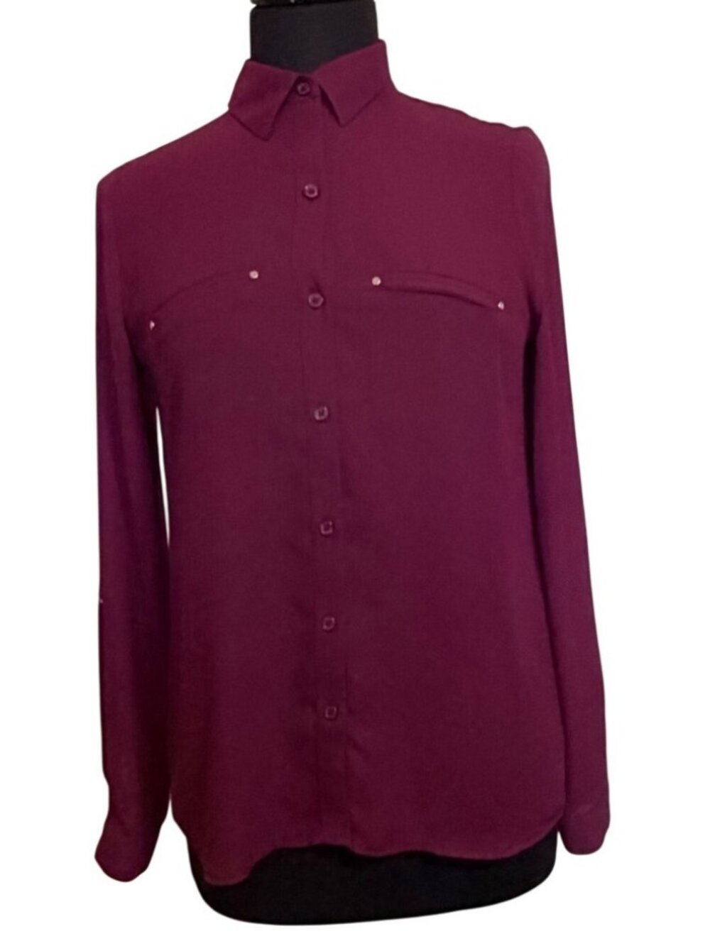 Women's APT. 9 Burgundy Red Long-Sleeve Button-Down Sheer Blouse Size XS